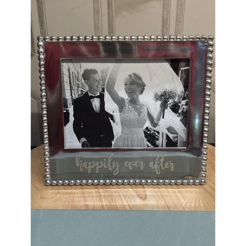 Mariposa Silver Beaded 5x7 Picture Frame Engraved 'Happily Ever After ' Design